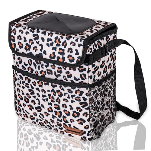 SIBOFUEGO Cute Car Trash Can with Lid – Multipurpose Collapsible Trash Bin for Car, Leak-Proof Organizer, Waterproof Garbage Can with Storage Pockets & Adjustable Straps, 2 Gallons (Leopard Print) - Image 1