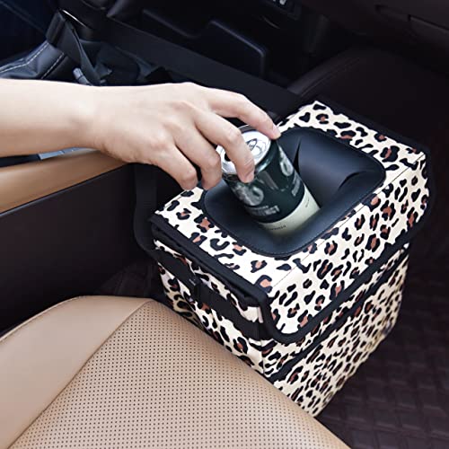 SIBOFUEGO Cute Car Trash Can with Lid – Multipurpose Collapsible Trash Bin for Car, Leak-Proof Organizer, Waterproof Garbage Can with Storage Pockets & Adjustable Straps, 2 Gallons (Leopard Print) - Image 2