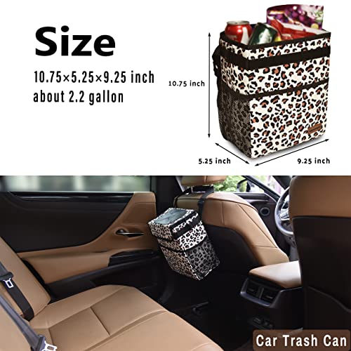 SIBOFUEGO Cute Car Trash Can with Lid – Multipurpose Collapsible Trash Bin for Car, Leak-Proof Organizer, Waterproof Garbage Can with Storage Pockets & Adjustable Straps, 2 Gallons (Leopard Print) - Image 3
