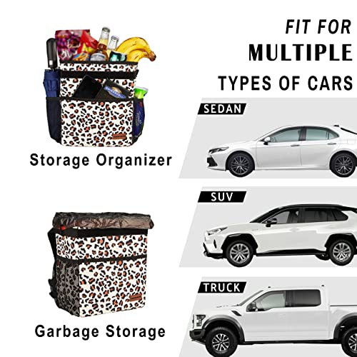SIBOFUEGO Cute Car Trash Can with Lid – Multipurpose Collapsible Trash Bin for Car, Leak-Proof Organizer, Waterproof Garbage Can with Storage Pockets & Adjustable Straps, 2 Gallons (Leopard Print) - Image 4