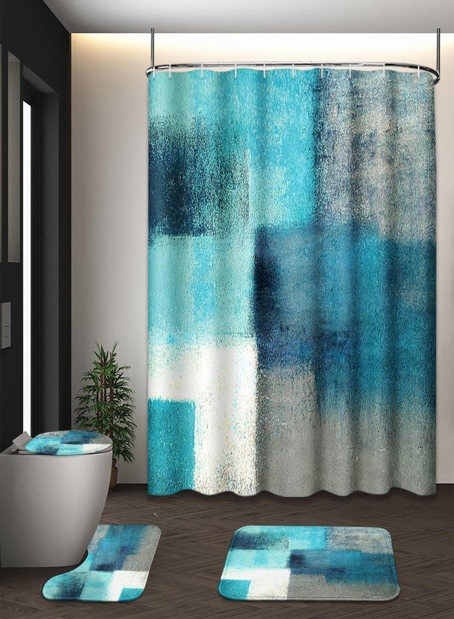 Tayney Turquoise Abstract Shower Curtain Set with Toilet Lid Cover and Non-Slip Rugs for Bathroom, Modern Painting Art 4 Pcs Shower Curtain, Vintage Grey White Bathroom Set with 12 Hooks - Image 1