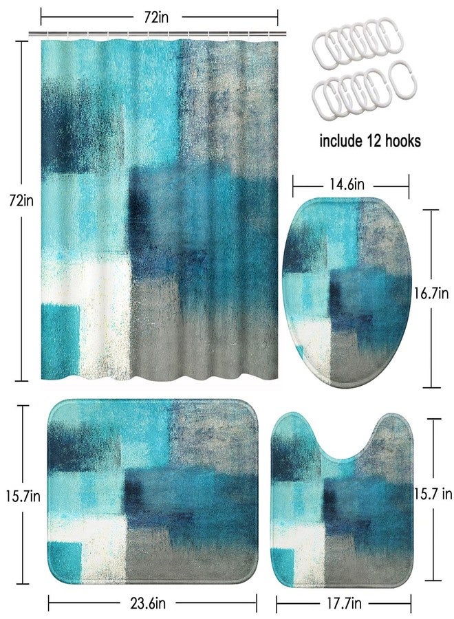 Tayney Turquoise Abstract Shower Curtain Set with Toilet Lid Cover and Non-Slip Rugs for Bathroom, Modern Painting Art 4 Pcs Shower Curtain, Vintage Grey White Bathroom Set with 12 Hooks - Image 2
