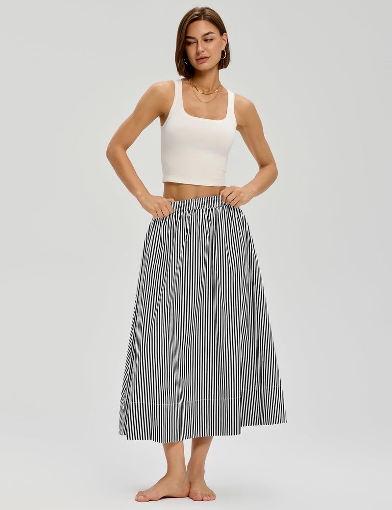 LOMON Midi Skirts for Women A-Line Cotton Flowy Summer Skirt with Pockets Elastic High Waist Boho Beach Vacation Casual Maxi Skirt (Black Striped, M) - Image 4