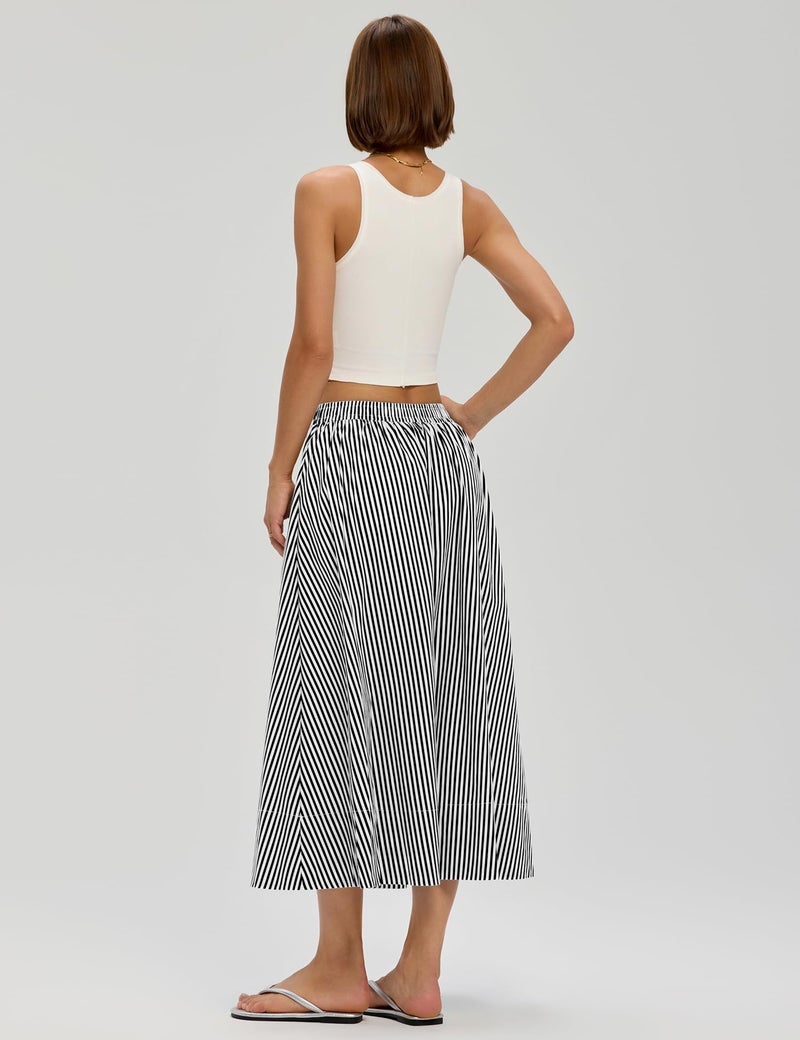LOMON Midi Skirts for Women A-Line Cotton Flowy Summer Skirt with Pockets Elastic High Waist Boho Beach Vacation Casual Maxi Skirt (Black Striped, M) - Image 3