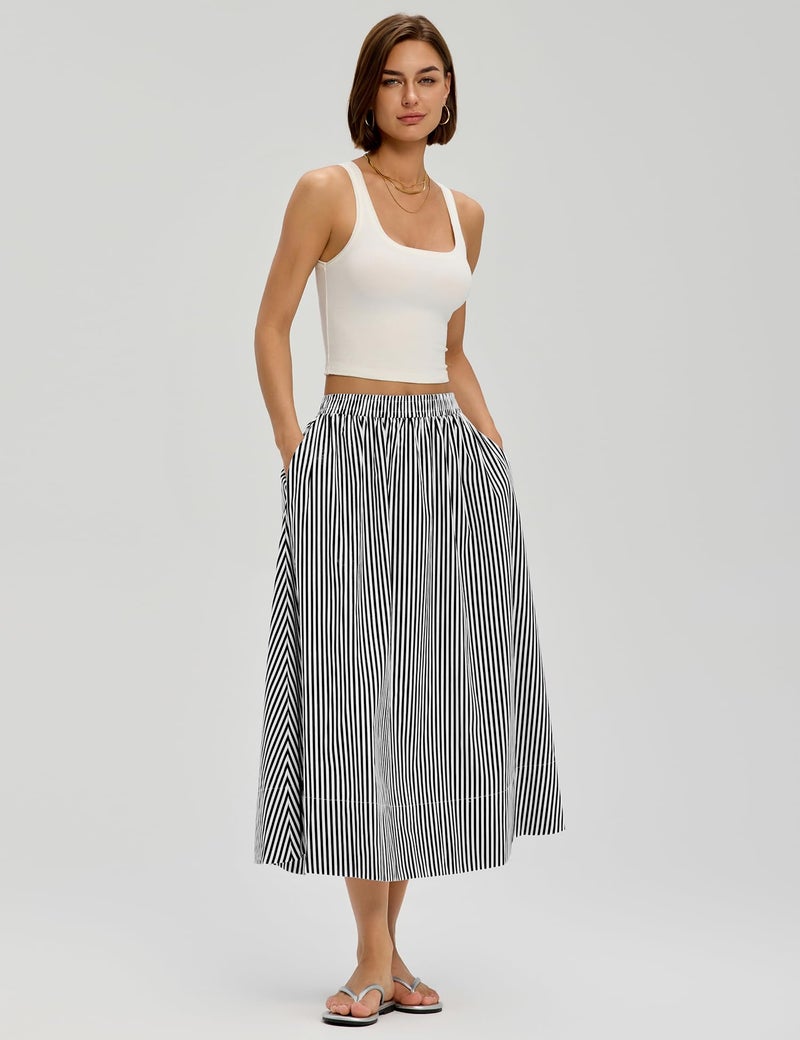 LOMON Midi Skirts for Women A-Line Cotton Flowy Summer Skirt with Pockets Elastic High Waist Boho Beach Vacation Casual Maxi Skirt (Black Striped, M) - Image 2