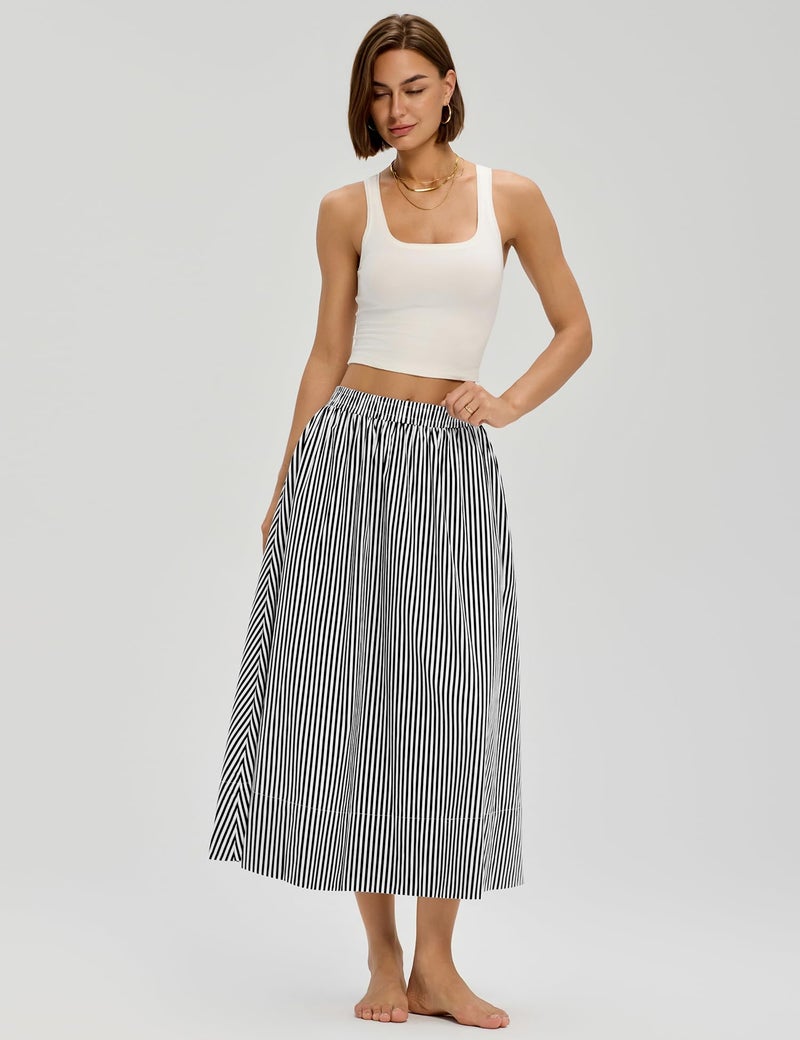 LOMON Midi Skirts for Women A-Line Cotton Flowy Summer Skirt with Pockets Elastic High Waist Boho Beach Vacation Casual Maxi Skirt (Black Striped, M) - Image 5