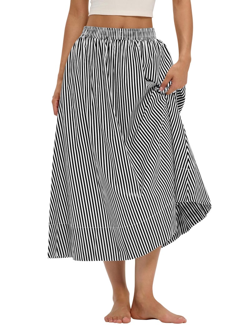 LOMON Midi Skirts for Women A-Line Cotton Flowy Summer Skirt with Pockets Elastic High Waist Boho Beach Vacation Casual Maxi Skirt (Black Striped, M) - Image 1