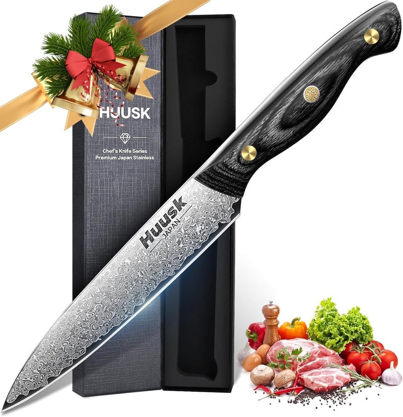 Huusk Damascus Kitchen Utility Knife, Japanes VG10 Small Chef Knives 5 inch with Ergonomic Wooden Handle, Versatile Knife for Vegetable Fruit Meat, Christmas Gift for Men and Women - Image 1