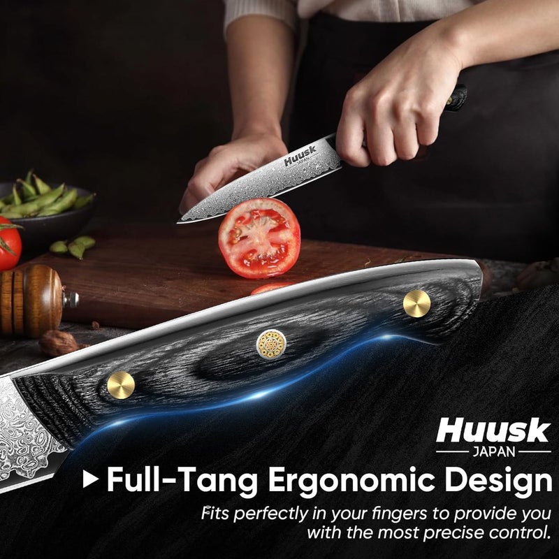 Huusk Damascus Kitchen Utility Knife, Japanes VG10 Small Chef Knives 5 inch with Ergonomic Wooden Handle, Versatile Knife for Vegetable Fruit Meat, Christmas Gift for Men and Women - Image 5