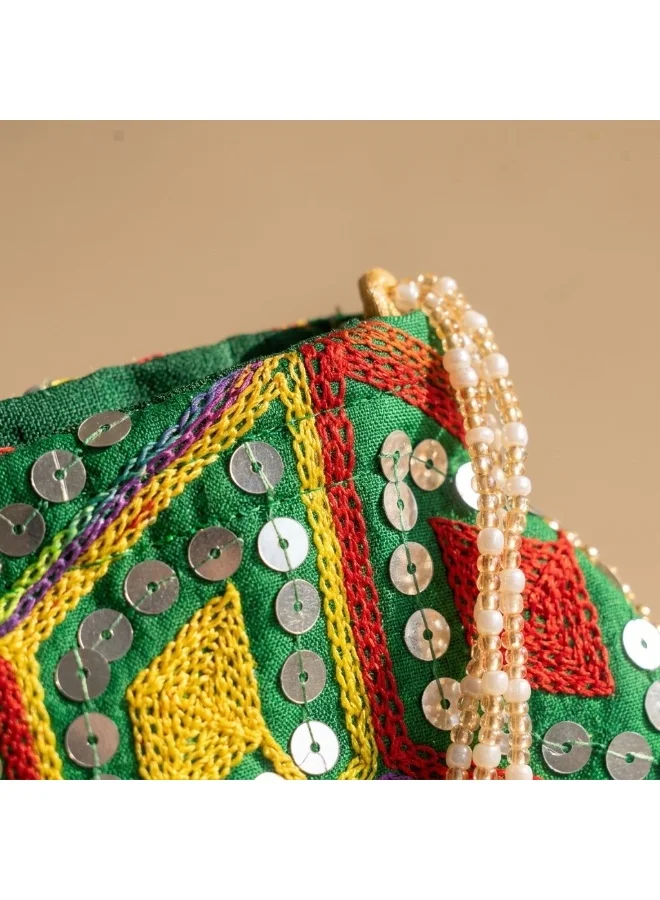 Mobcos Mobcos Green Rhombus Floral Print Potli Bag Mobcos Green Rhombus Handcrafted Indian Embroidered Mirror Work Potli Bag for Women | Premium Silk Blend Ethnic Drawstring Handbag with Pearl Handle | Wedding, Bridal, Party & Festive Purse for Women | Best Price UAE