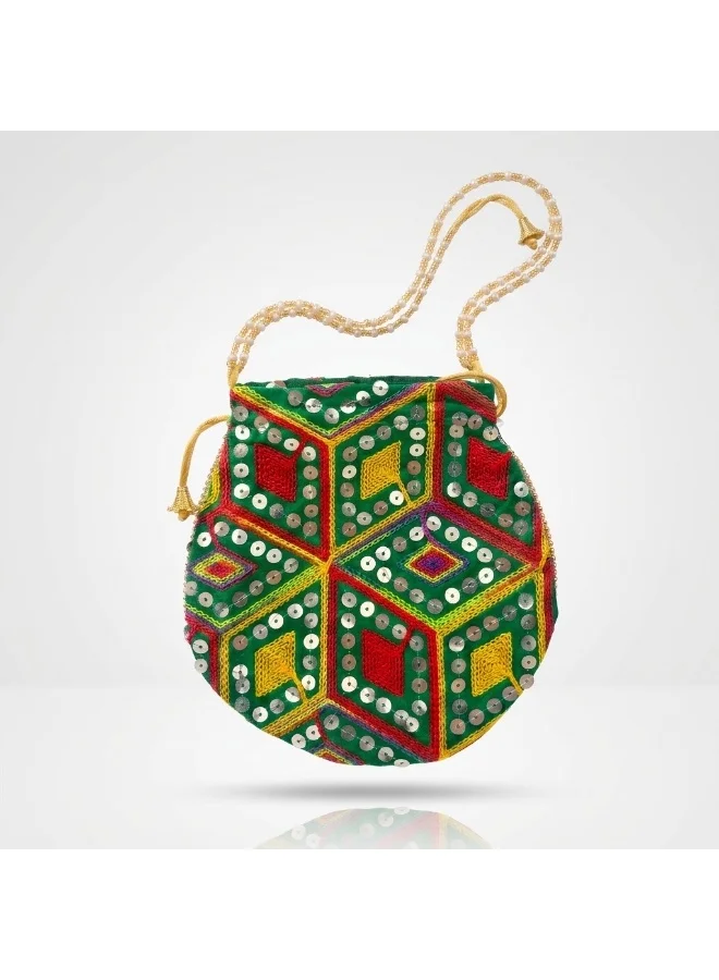 Mobcos Mobcos Green Rhombus Floral Print Potli Bag Mobcos Green Rhombus Handcrafted Indian Embroidered Mirror Work Potli Bag for Women | Premium Silk Blend Ethnic Drawstring Handbag with Pearl Handle | Wedding, Bridal, Party & Festive Purse for Women | Best Price UAE