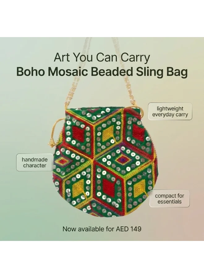 Mobcos Mobcos Green Rhombus Floral Print Potli Bag Mobcos Green Rhombus Handcrafted Indian Embroidered Mirror Work Potli Bag for Women | Premium Silk Blend Ethnic Drawstring Handbag with Pearl Handle | Wedding, Bridal, Party & Festive Purse for Women | Best Price UAE
