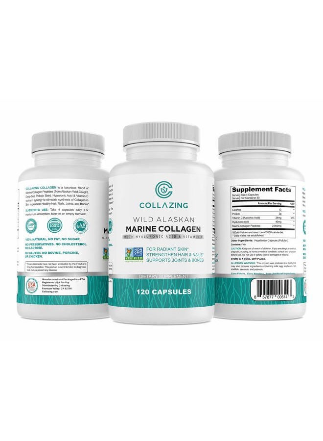 C COLLAZING Alaskan Wild-Caught Marine Collagen Peptides + Hyaluronic Acid + Vitamin C, for Beautiful Skin, Hair and Nails, 120 Capsules - Image 1