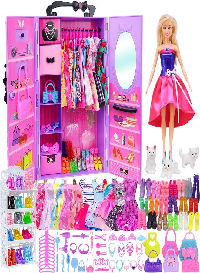 Ecore Fun 86 Pcs Doll Accessories with Closet Wardrobe for 11.5 Inch Dolls Dress Up Set Including Wardrobe Handbags Dress Shoes Hangers Necklace Pet and Other Accessories (No Doll)… - Image 1