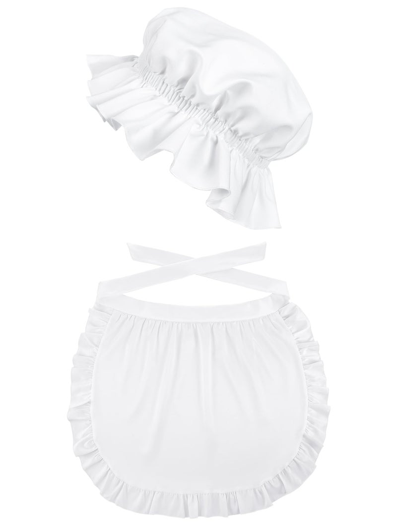 Newcotte 2 Pieces Women Colonial Costume Accessory Set Include White Mob Cap Bonnet Cotton Half Apron for Maid Girl Cosplay(Vintage) - Image 1