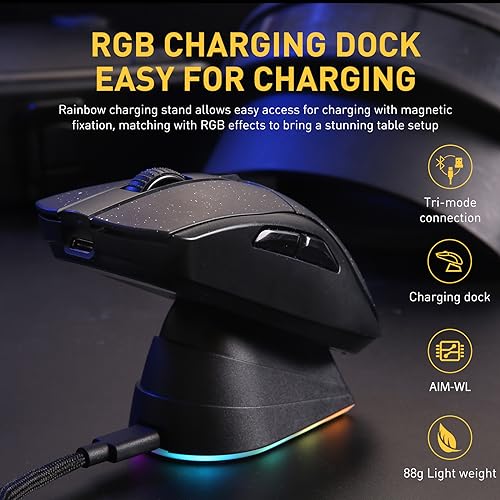 DAREU A950 Wireless Gaming Mouse with RGB Charging Dock,88g Lightweight Programmable Tri-Mode Wireless Mouse Gaming, Up to 12K DPI,1000Hz,120Hrs Playtime with RGB Backlit, Great for PC, Mac - Image 2