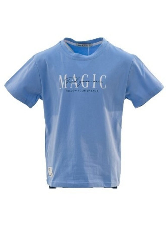 JOANNA JOANNA 23KY314B Boy's Find Your Own Magic Follow Your Dreams Quotes Round Neck Short Sleeve T-Shirt - Blue - Image 1