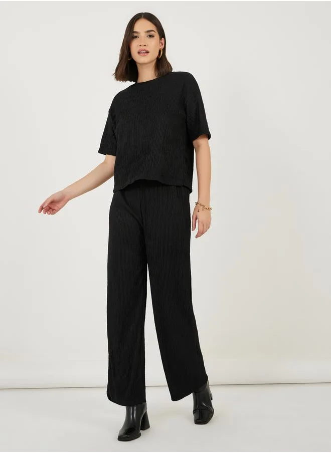 Styli Textured Boxy T-Shirt & Wide Leg Pants Co-Ords