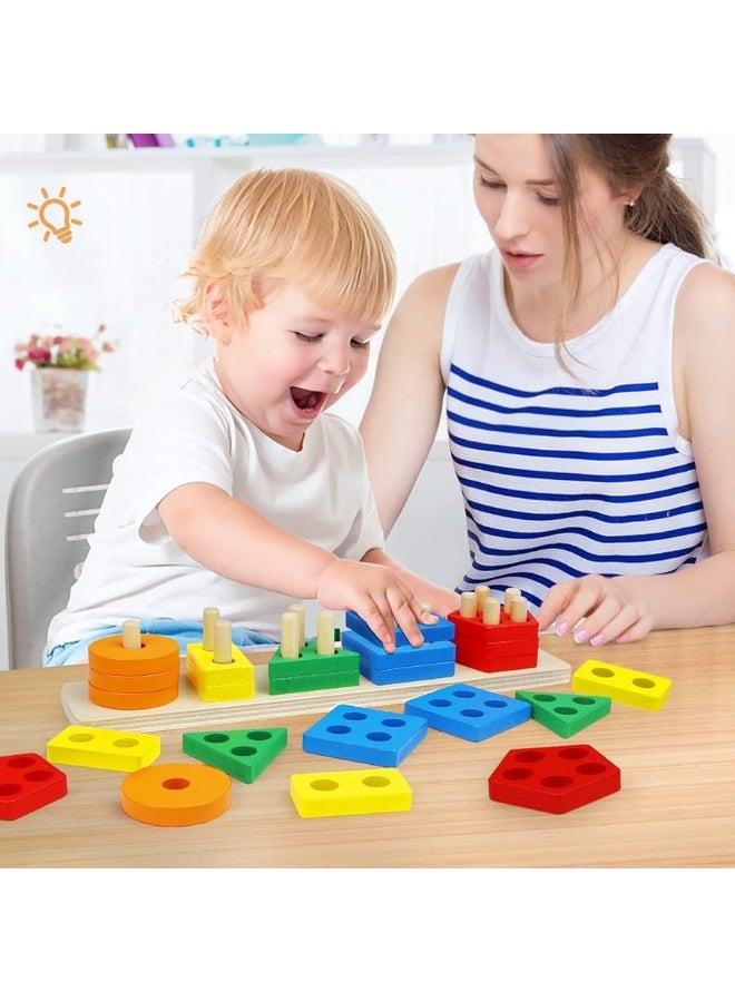 PEBIRA Montessori Toys for 1 to 3-Year-Old Boys Girls Toddlers and Kids Preschool, Wooden Sorting & Stacking Educational Toys, Color Recognition Stacker Shape Sorter, Learning Puzzles Gift - Image 1