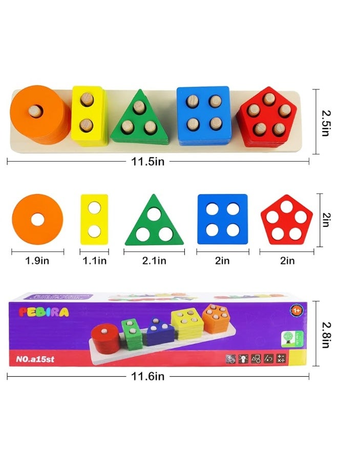 PEBIRA Montessori Toys for 1 to 3-Year-Old Boys Girls Toddlers and Kids Preschool, Wooden Sorting & Stacking Educational Toys, Color Recognition Stacker Shape Sorter, Learning Puzzles Gift - Image 2