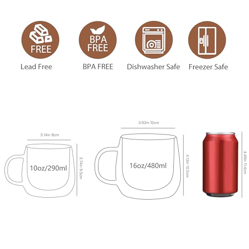 CNGLASS 16oz Double Walled Glass Coffee Mugs(4-pack),Large Clear Coffee Cups with Handle,Glass Espresso Mugs for Latte,Cappuccino,Tea - Image 3