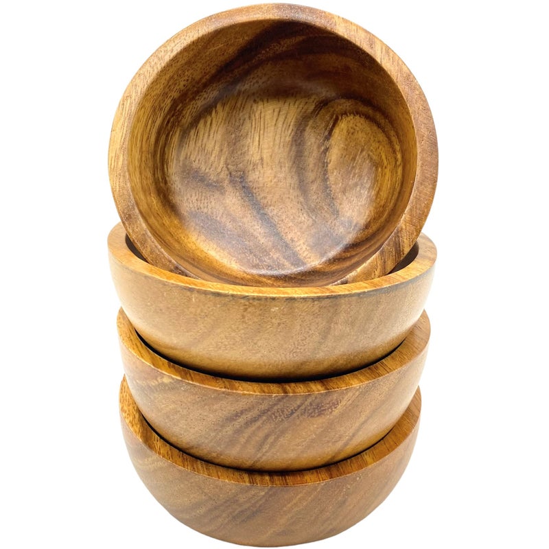 WRIGHTMART Small Wooden Calabash Bowls â€“ 4.25â€ Acacia Snack, Dip & Side Dish Set of 4, Rustic Handmade Condiment Serving Bowls, Gift Ready - Image 1
