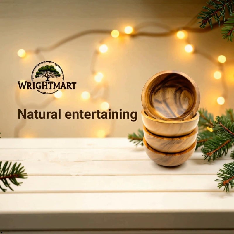 WRIGHTMART Small Wooden Calabash Bowls â€“ 4.25â€ Acacia Snack, Dip & Side Dish Set of 4, Rustic Handmade Condiment Serving Bowls, Gift Ready - Image 4