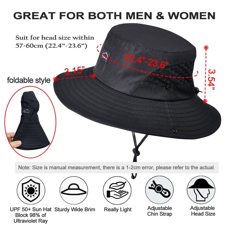 Sireck Fishing Hat, UPF50+ Wide Brim Sun Hat for Men Women, UV Protection Hiking Beach Bucket Hats Summer Safari Hat (Black) - Image 2