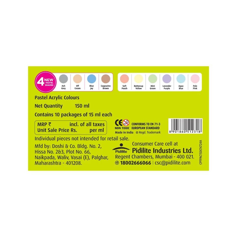 Fevicryl Acrylic Colours Pastel Kit | 10 Colours x 15 ml | DIY Paint, Rich Pigment | Multicolour & Multi-surface | Non-Cracking Paint for Canvas, Wood, Leather, Earthenware, Metal - Image 2