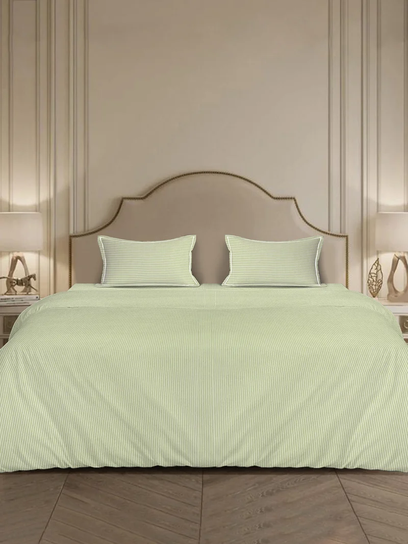 MULBERRY LIVING 100% Cotton_4 pc set -Linear Luxe- 1 fitted bedsheet 180x200x30cms / 1 duvet cover 260x240 cms / 2 pillowcovers 50x75 cms - Meadow Mist