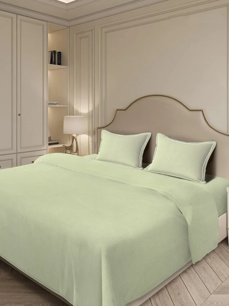MULBERRY LIVING 100% Cotton_4 pc set -Linear Luxe- 1 fitted bedsheet 180x200x30cms / 1 duvet cover 260x240 cms / 2 pillowcovers 50x75 cms - Meadow Mist