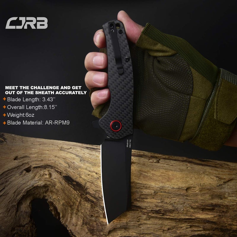 CJRB CUTLERY سكين طي CJRB كاتلري كراج (J1904) شفرات فولاذ AR-RPM9 مسحوق أسود PVD مقبض من ألياف الكربون سكين جيب سكين EDC - Image 3