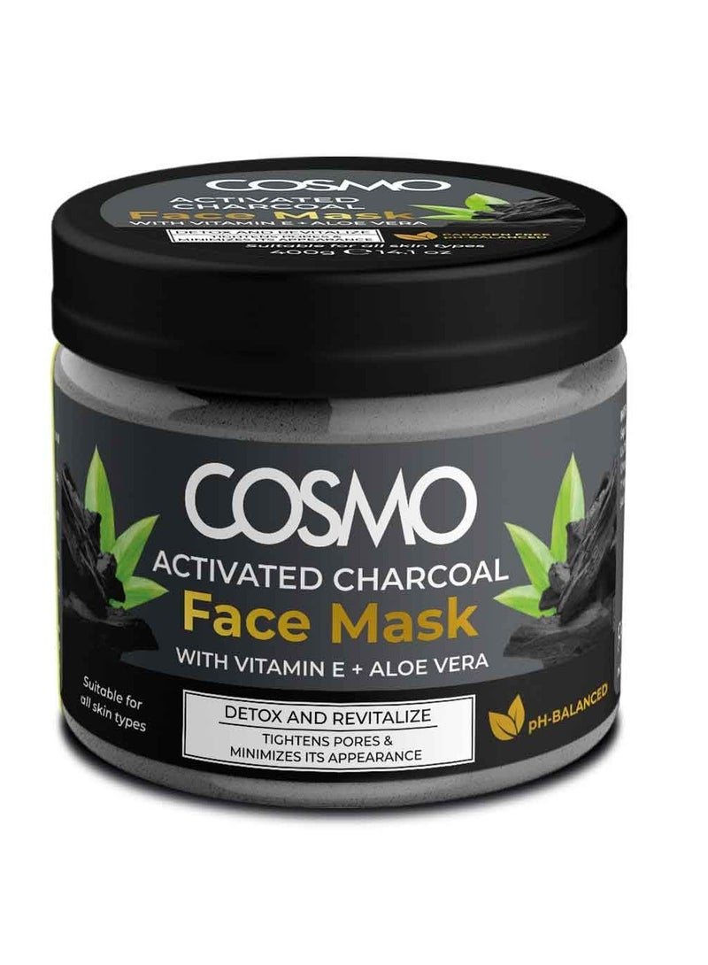 COSMO قناع الوجه بالفحم النشط من كوزمو 400 جرام، للتخلص من السموم وتجديد النشاط، رغوي، تنظيف عميق، خالي من البارابين، يشد البشرة، مع فيتامين E + جل الصبار، يشد المسام ويقلل من ظهورها، مناسب لـ