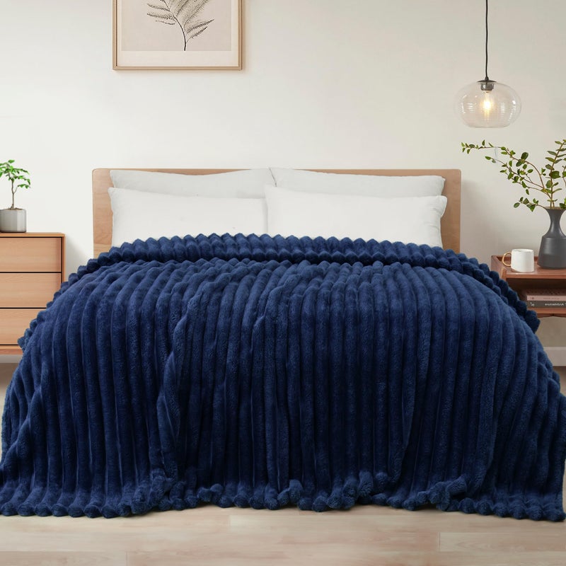 Exclusivo Mezcla King Size Flannel Fleece Blanket Super Soft Striped Jacquard Bed Blanket Lightweight Fuzzy Cozy for All Seasons 90x104 Inches Navy Blue - Image 2