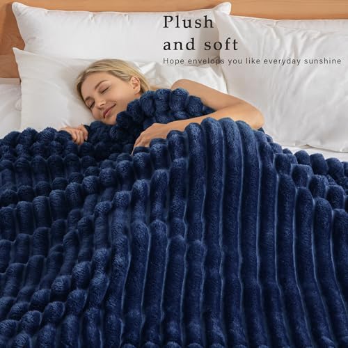 Exclusivo Mezcla King Size Flannel Fleece Blanket Super Soft Striped Jacquard Bed Blanket Lightweight Fuzzy Cozy for All Seasons 90x104 Inches Navy Blue - Image 3
