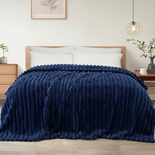 Exclusivo Mezcla King Size Flannel Fleece Blanket Super Soft Striped Jacquard Bed Blanket Lightweight Fuzzy Cozy for All Seasons 90x104 Inches Navy Blue - Image 1