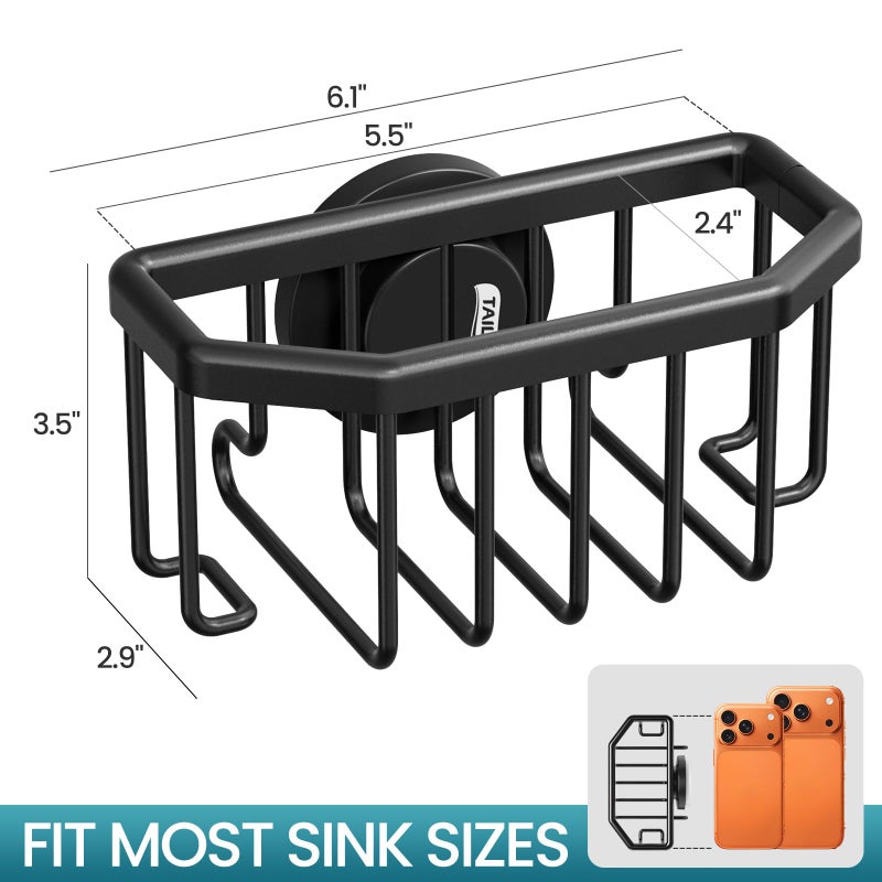 TAILI Sponge Holder for Kitchen Sink with Strong Suction Cup, Rustproof Aluminum Sink Caddy for Sponges, Brushes, Stoppers & Scrapers, Black - Image 3