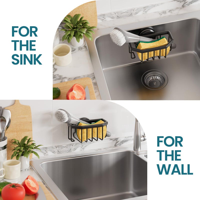 TAILI Sponge Holder for Kitchen Sink with Strong Suction Cup, Rustproof Aluminum Sink Caddy for Sponges, Brushes, Stoppers & Scrapers, Black - Image 5