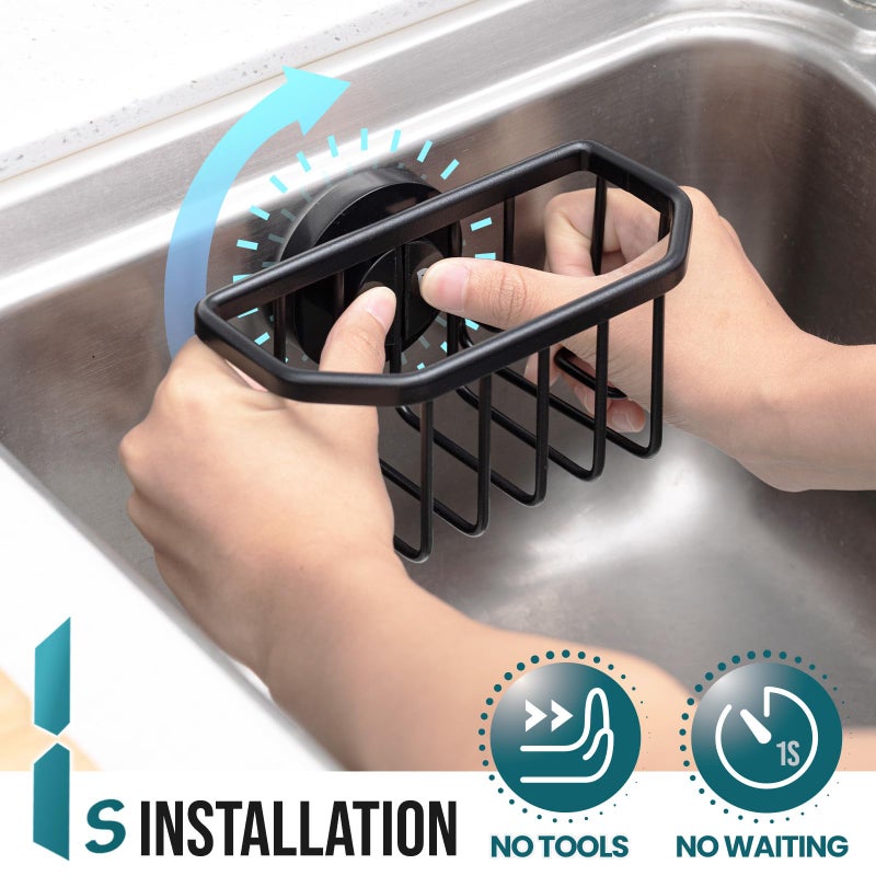 TAILI Sponge Holder for Kitchen Sink with Strong Suction Cup, Rustproof Aluminum Sink Caddy for Sponges, Brushes, Stoppers & Scrapers, Black - Image 2