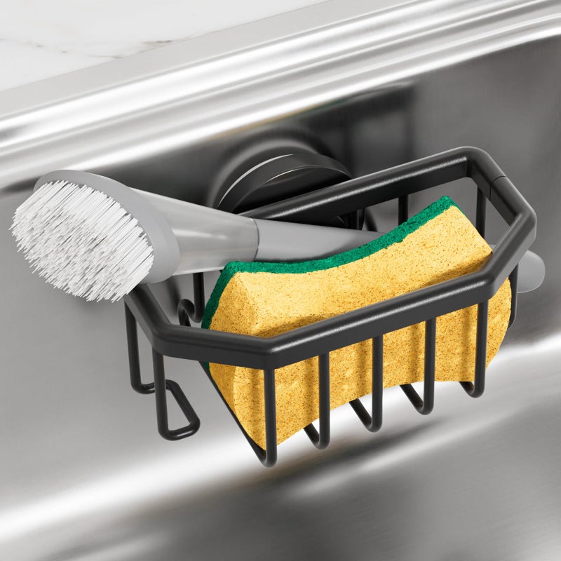 TAILI Sponge Holder for Kitchen Sink with Strong Suction Cup, Rustproof Aluminum Sink Caddy for Sponges, Brushes, Stoppers & Scrapers, Black - Image 1