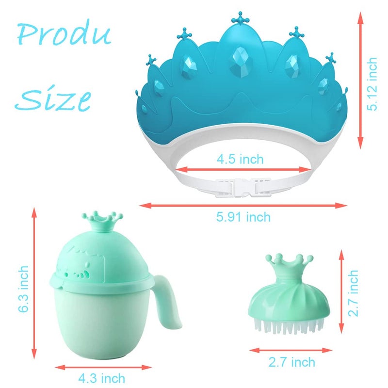 Thcbme Baby Shower Cap Shield  Baby Bath Set Shower Cap/Water Cup/Massage Brush Visor Hat For Eye And Ear Protection For 0-9 Years Old Children Cute Crown Shape Makes The Baby Bath More Fun (Blue) - Image 3