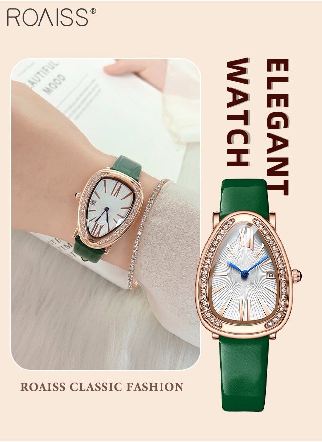 roaiss Leather Strap Quartz Watch for  Women Analog Display Snake Shape Dial with Rhinestone Decoration and Green Band Waterproof Elegant Wristwatch as Gift for Ladies 36MM  - Image 1