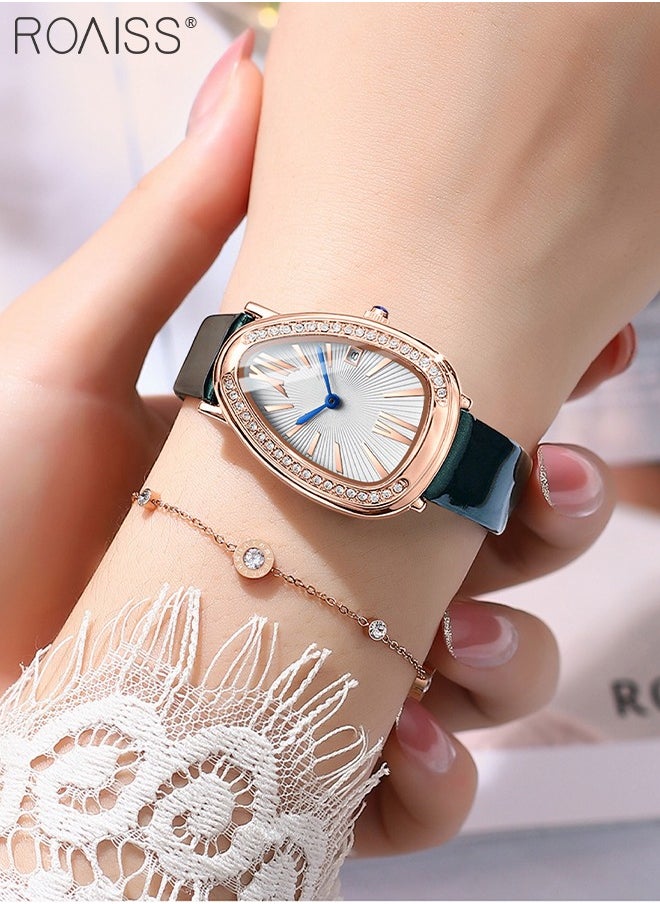 roaiss Leather Strap Quartz Watch for  Women Analog Display Snake Shape Dial with Rhinestone Decoration and Green Band Waterproof Elegant Wristwatch as Gift for Ladies 36MM  - Image 2