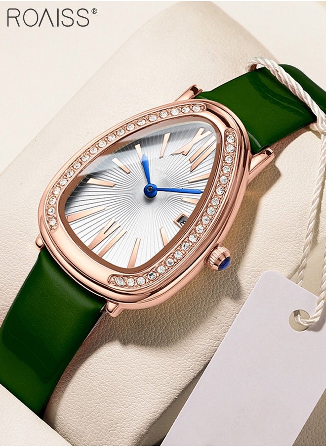 roaiss Leather Strap Quartz Watch for  Women Analog Display Snake Shape Dial with Rhinestone Decoration and Green Band Waterproof Elegant Wristwatch as Gift for Ladies 36MM  - Image 3