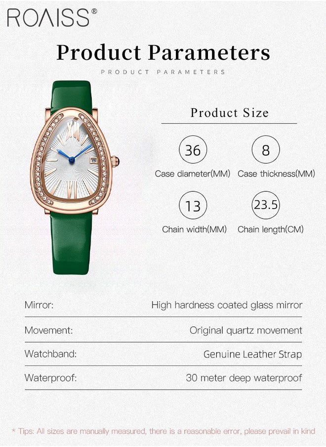 roaiss Leather Strap Quartz Watch for  Women Analog Display Snake Shape Dial with Rhinestone Decoration and Green Band Waterproof Elegant Wristwatch as Gift for Ladies 36MM  - Image 4