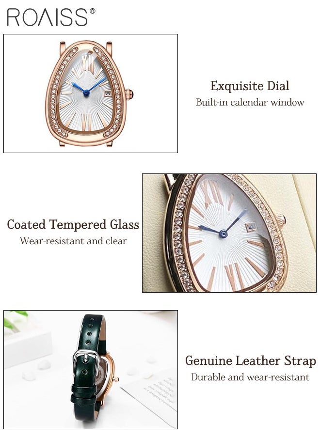 roaiss Leather Strap Quartz Watch for  Women Analog Display Snake Shape Dial with Rhinestone Decoration and Green Band Waterproof Elegant Wristwatch as Gift for Ladies 36MM  - Image 5