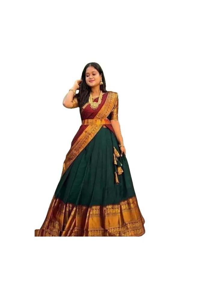 Accessorize Kingdom Women's Kanjivaram Silk Pure Zari Lehenga Choli Set With Blouse, Heavy Jacquard Zari Work Dupatta Traditional Unstitched Half Saree  - Image 1
