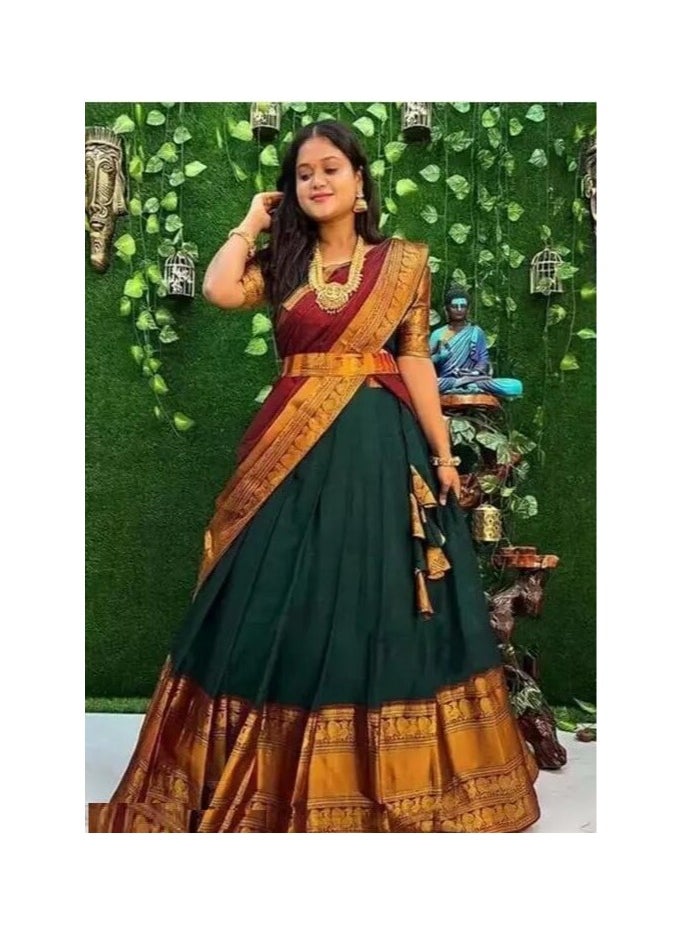 Accessorize Kingdom Women's Kanjivaram Silk Pure Zari Lehenga Choli Set With Blouse, Heavy Jacquard Zari Work Dupatta Traditional Unstitched Half Saree  - Image 5