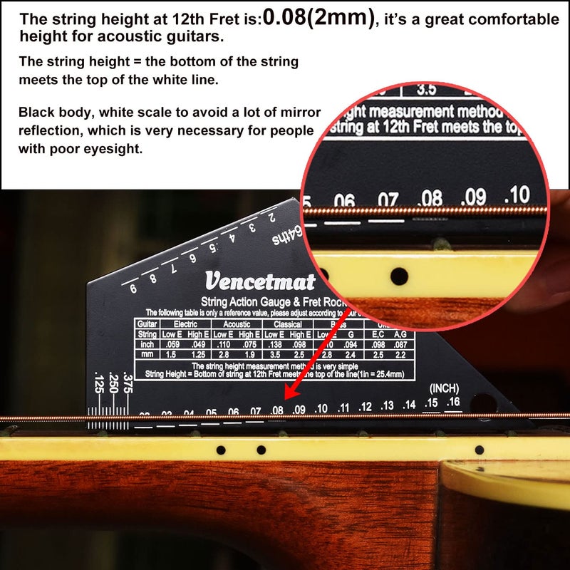 Vencetmat Guitar String Action Gauge, String Height Ruler, Guitar Fret Rocker, Fret Leveling Guide, Buzzing Fret Catcher, 1mm Thickness, Laser Etching, High Precision Graduations,Luthier Tools - Image 4