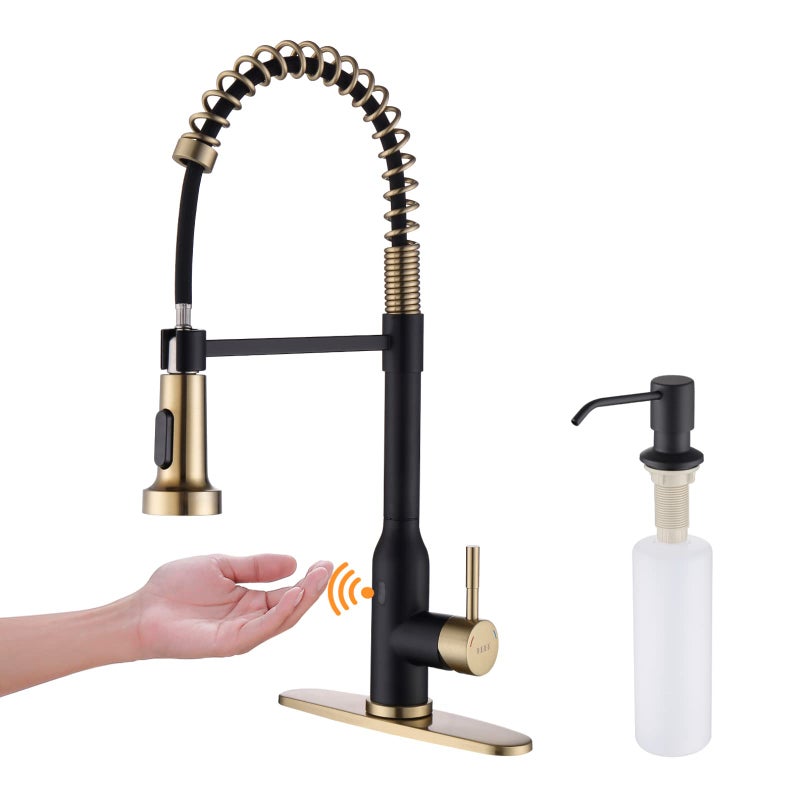 Touchless Kitchen Faucet KEER Smart Motion Sensor Hands Free Single Handle Spring Kitchen Sink Faucet with Pull Down SprayerMatte Black Gold